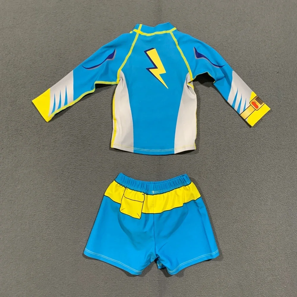Tiny Crowns Superhero Rash Guard Swim Set Kids 2T Blue Muscle Print UPF 50+